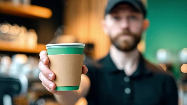 A male barista wearing a cap and a black polo shirt hands over a paper cup of coffee. Concept for a coffee shop, including service and takeout orders