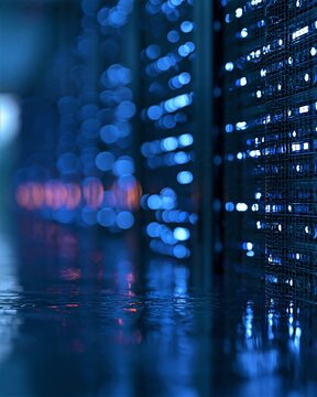 Blue Server Status Lights Reflected on Glossy Surface
