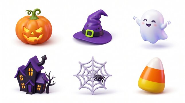 Cute Halloween 3D Icon Set Pumpkin Witch Hat Ghost Haunted House Spider Web Candy