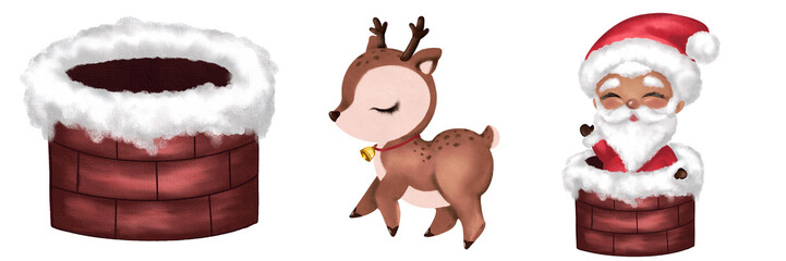 Cute Christmas clipart set with a snowy brick chimney, baby reindeer with bell, and a smiling Santa Claus peeking from a chimney. Watercolor style, isolated on white. © Habitus Art