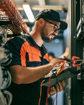 Data Center Technician Inspecting Power Equipment Near Server Racks