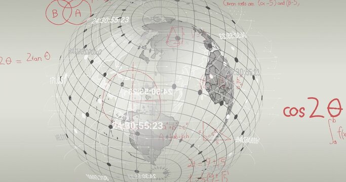 Rotating translucent 3D globe showing lat-long grid in visualization, with nodal points, timestamps