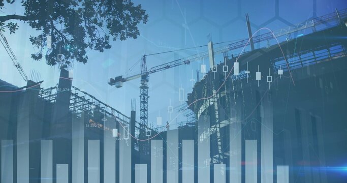 Towering cranes and concrete frame rising at urban construction site, showing charts and rebar