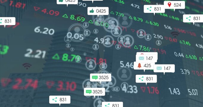 Floating HUD cluster hovering over financial skyline, showing social bubbles, counters, Wi?Fi