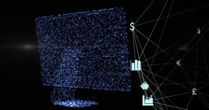 Forming particle monitor silhouette with stand left in dark data space, showing finance icons