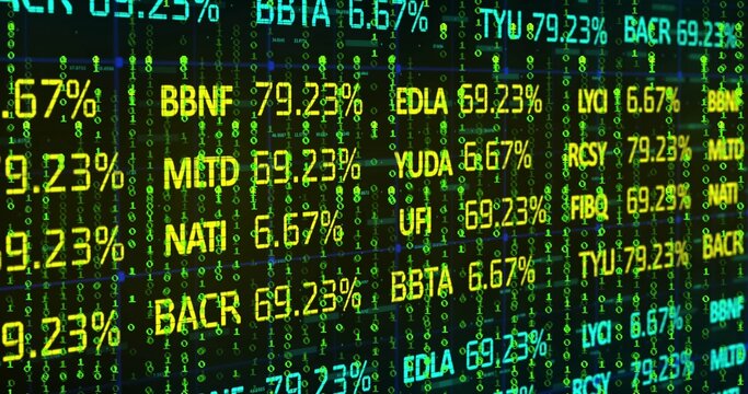 Displaying ticker panel on LED monitor at trading desk, showing percent values, cascading binary