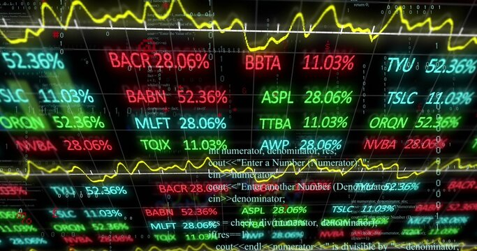 Displaying neon ticker matrix scrolling on dark display, with yellow line, percent values, code