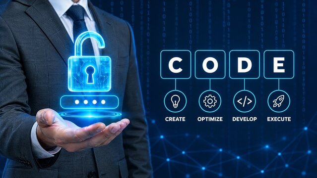 Businessman Holding Glowing Unlocked Padlock Hologram with CODE Create Optimize Develop Execute Concept