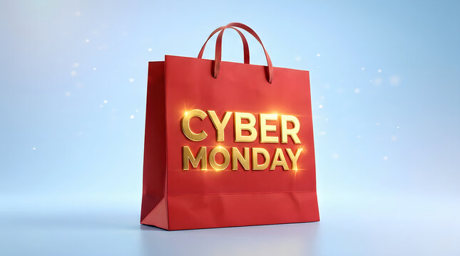 Red shopping bag with golden cyber monday text on light blue background with sparkling dust for luxury retail promotion and elegant commercial holiday marketing campaign.