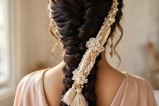 A refined wedding hairstyle embellished with a crochet parandi, combining artisan textile details with luxurious festive fashion.