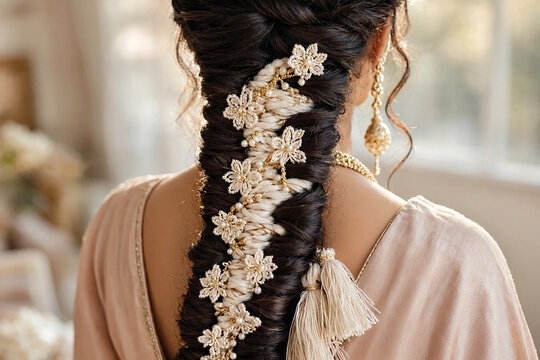 Bridal crochet parandi woven into a dark braid with ivory blossoms, pearl beads and gold accents for South Asian wedding inspiration.