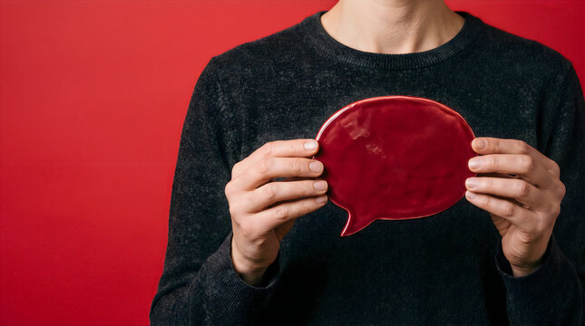Person in dark sweater holding a blank handmade red ceramic speech bubble against a solid red studio background