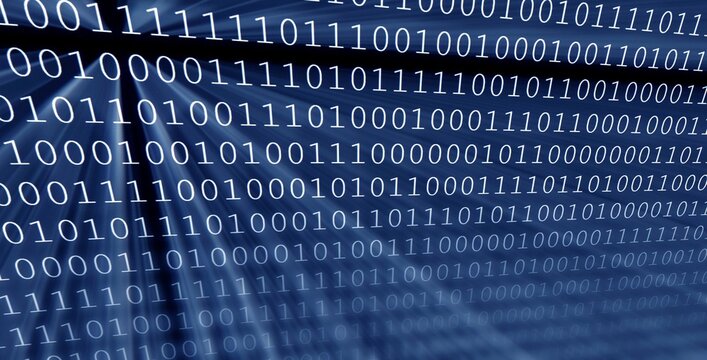 Colorful digital binary data digits and streaming binary code background with light beams