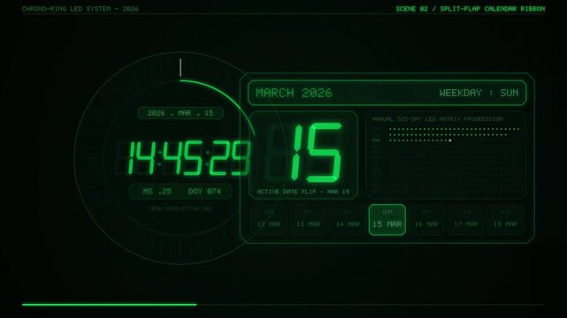Futuristic Radial LED Clock and Calendar HUD Animation with A 365-Day Annual Matrix