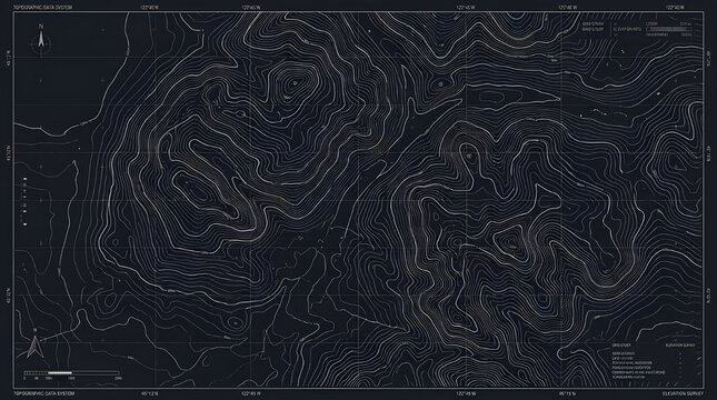 Topographic contour map with white lines on dark navy blue background showing detailed terrain elevation and geographic landscape features