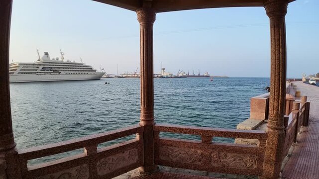 Muttrah Corniche in Muscat, Oman, featuring waterfront views, traditional architecture, harbor scenery, and coastal mountains. Muscat, Oman - August 03, 2026