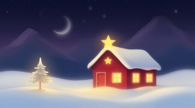 Peaceful glowing cabin in snowy mountains with starry sky, crescent moon, warm windows; holiday stock illustration.
