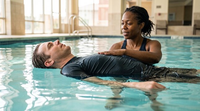 Adult beginner practices supported back float in indoor pool