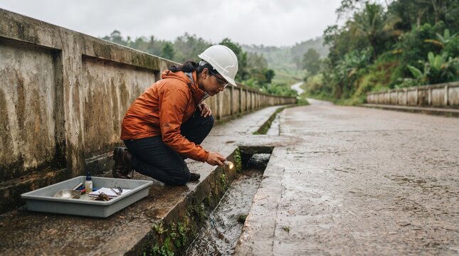 Engineer checks bridge deck drainage after rainfall