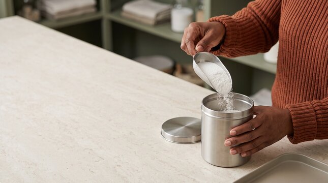 Laundry powder scooped into a reusable canister