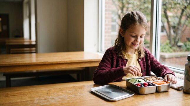 Schoolgirl enjoys a colorful balanced lunch indoors