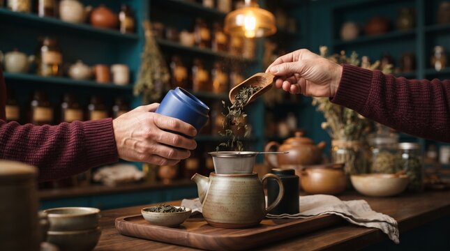 Tea merchant pouring loose leaves at service counter