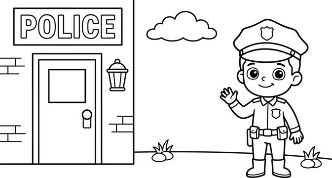 Cartoon police officer standing beside police station illustration isolated on transparent background