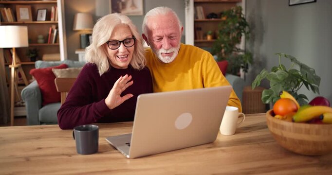 Happy senior couple waves at a laptop screen during an online call.