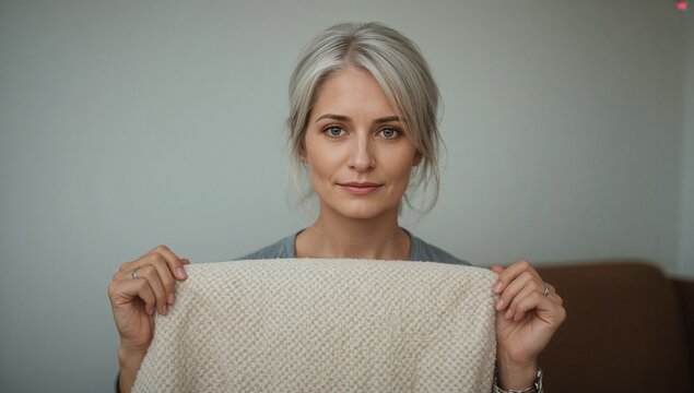 A woman holds up a blanket to conceal her face, revealing a sense of modesty or anonymity