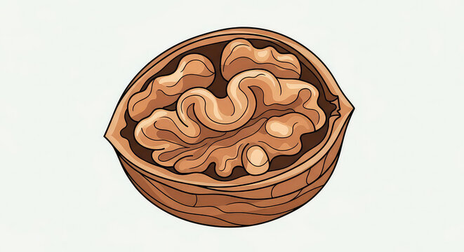 Single cracked walnut half showing textured kernel inside shell on white background