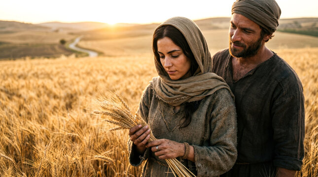 Ruth and Boaz in the field, Bible story.