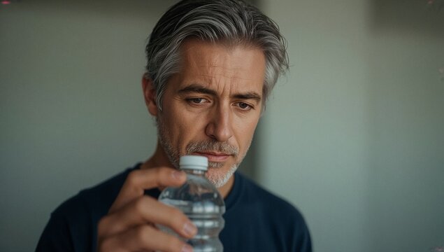A person holding a bottle of water in his hand, ready to drink