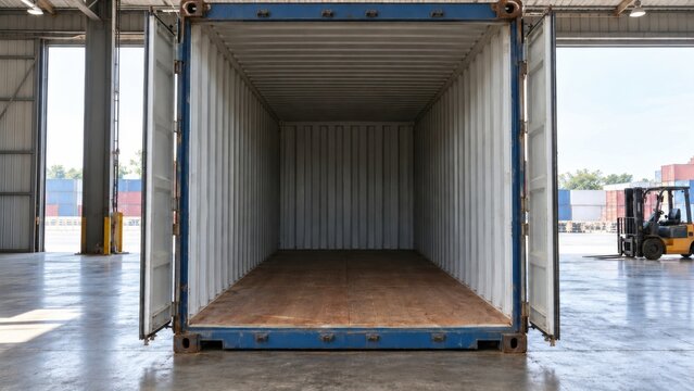 Open shipping container inside a warehouse at a freight and storage facility