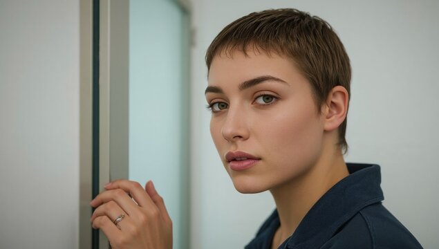 A woman looks at her reflection in a mirror