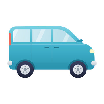 Teal minivan family car with sliding door, side view flat illustration