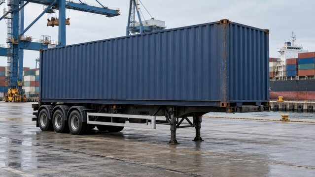 Shipping container trailer parked at a port terminal beside cargo cranes during the day