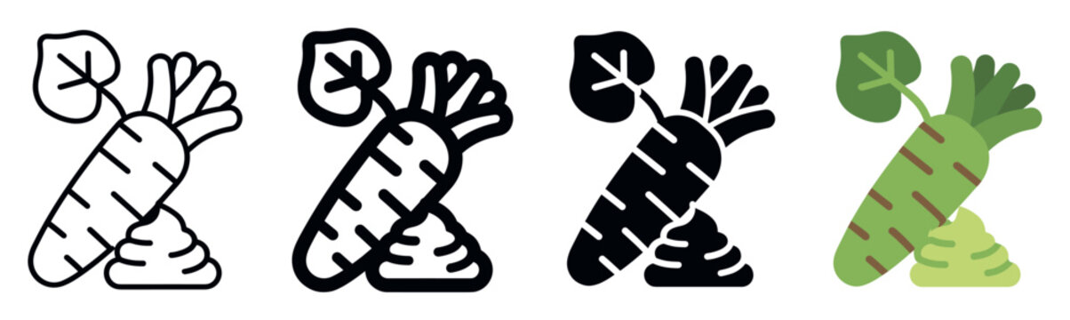 Wasabi root and spicy paste icon set represented in outline, bold line, silhouette glyph, and colorful flat graphic design styles for culinary concepts