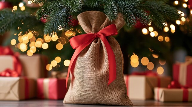Rustic burlap gift sack tied with a red ribbon beneath a glowing Christmas tree and presents