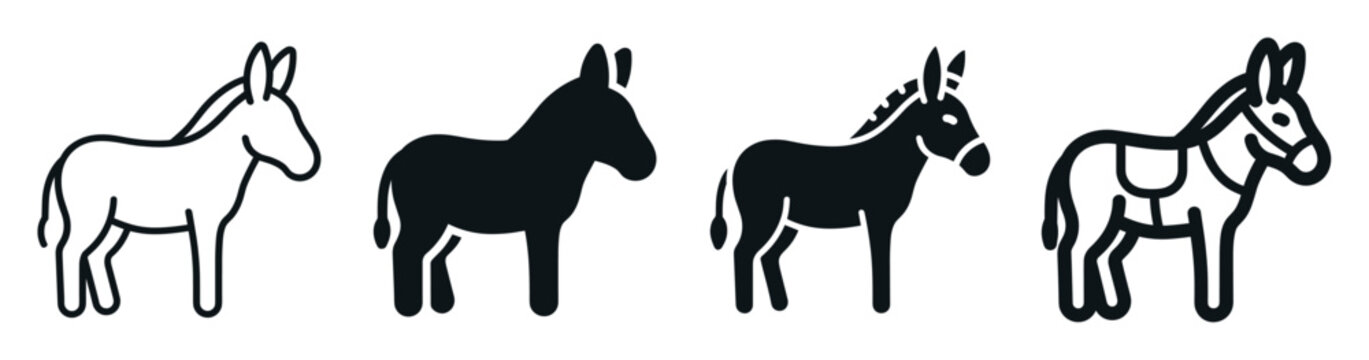 Donkey icons vector set for farm animal design concepts featuring burro silhouettes and outline symbols for equine livestock graphics