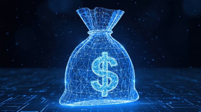 Glowing blue digital wireframe money bag with a dollar sign on a futuristic grid background