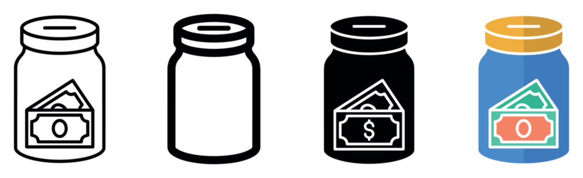 Money donation jar icon set showing cash savings and charity container symbols in multiple line, glyph, and color design styles for financial graphics
