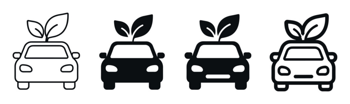 Eco friendly car icons with plant leaves representing sustainable transportation, clean energy vehicle technology, and environmental conservation in multiple graphic design styles