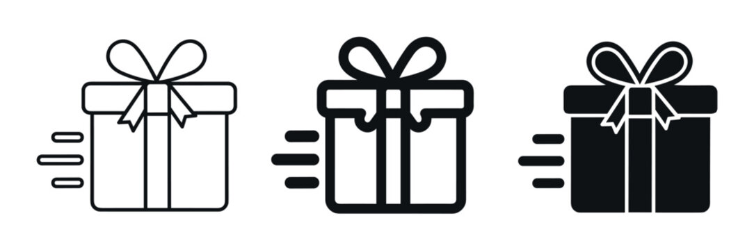 Gift delivery icon set representing fast shipping with moving present box symbols in outline and silhouette styles for logistics, courier, and holiday ecommerce shopping