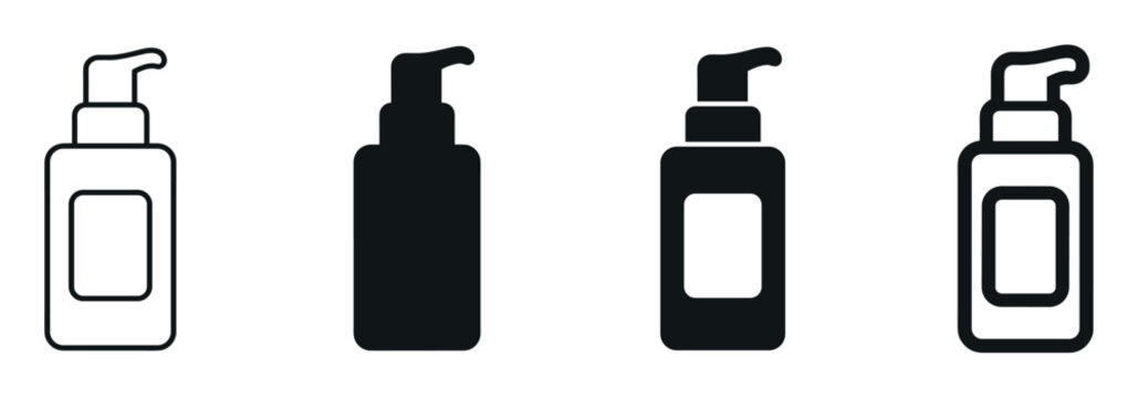 Lotion dispenser bottle cosmetic packaging icon set presented in outline and silhouette graphic styles for skincare hygiene and beauty product designs