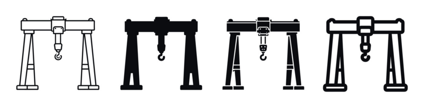 Gantry crane icon set for industrial lifting operations featuring multiple graphic styles including linear contour and silhouette symbols for port or warehouse construction