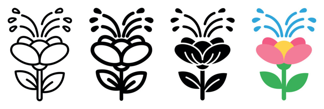 Blooming flower water fountain spray icon set featuring various graphic styles including thin outline, bold stroke, solid silhouette, and colorful flat design