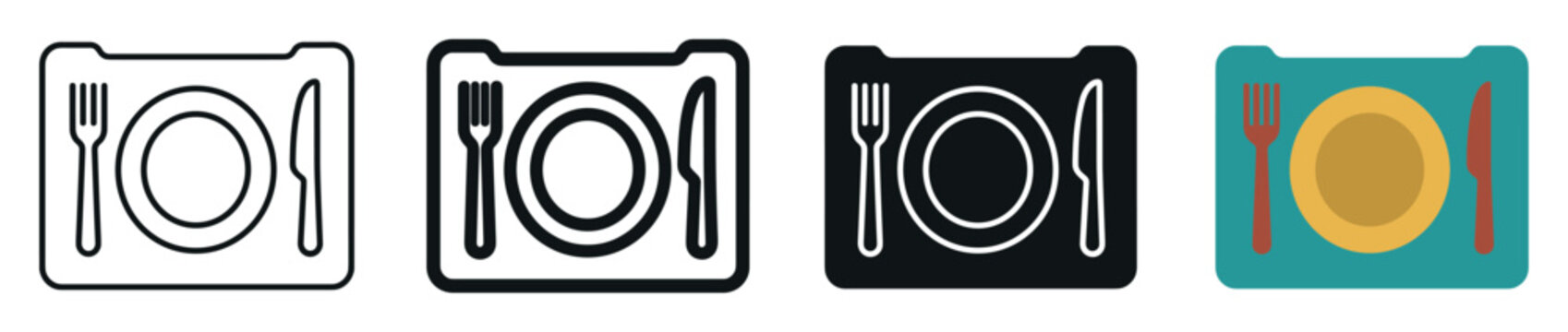 Food tray icon set with dining utensils featuring a plate, fork, and knife arranged in outline, glyph, and colorful flat styles for culinary navigation interfaces