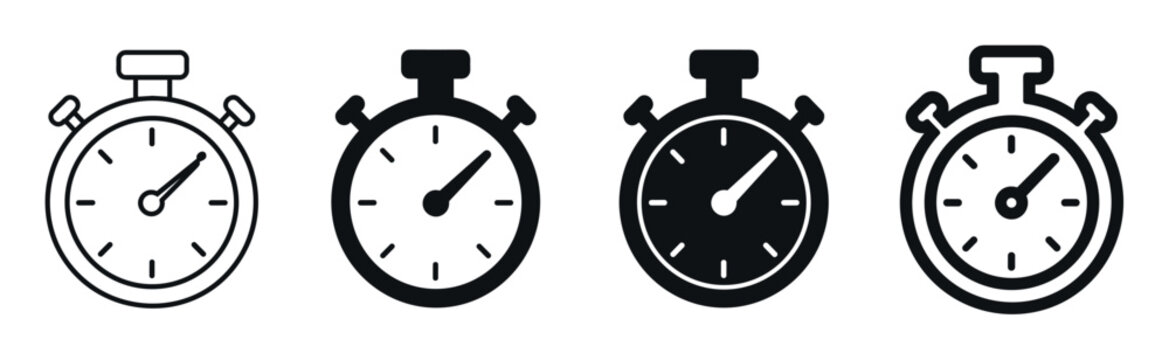 Stopwatch timer icons in four different styles representing speed measurement precision time management and sports competition counting device