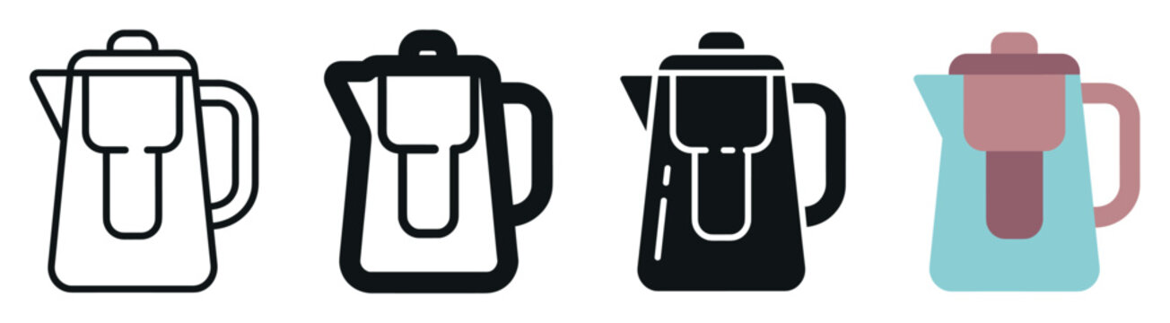 Water filter pitcher icon set for kitchen appliances featuring line art silhouette and flat colored modern graphic vector styles