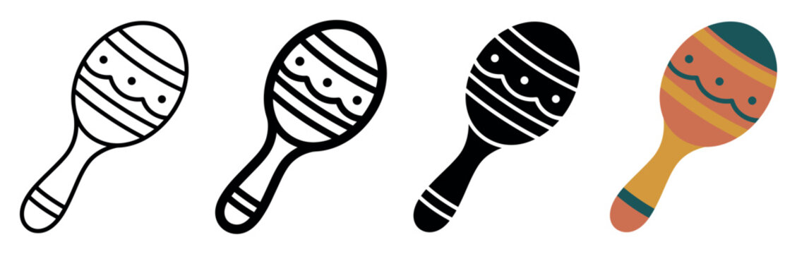 Maraca musical percussion instrument icon set featuring thin line, bold outline, silhouette glyph, and colorful flat styles for celebration